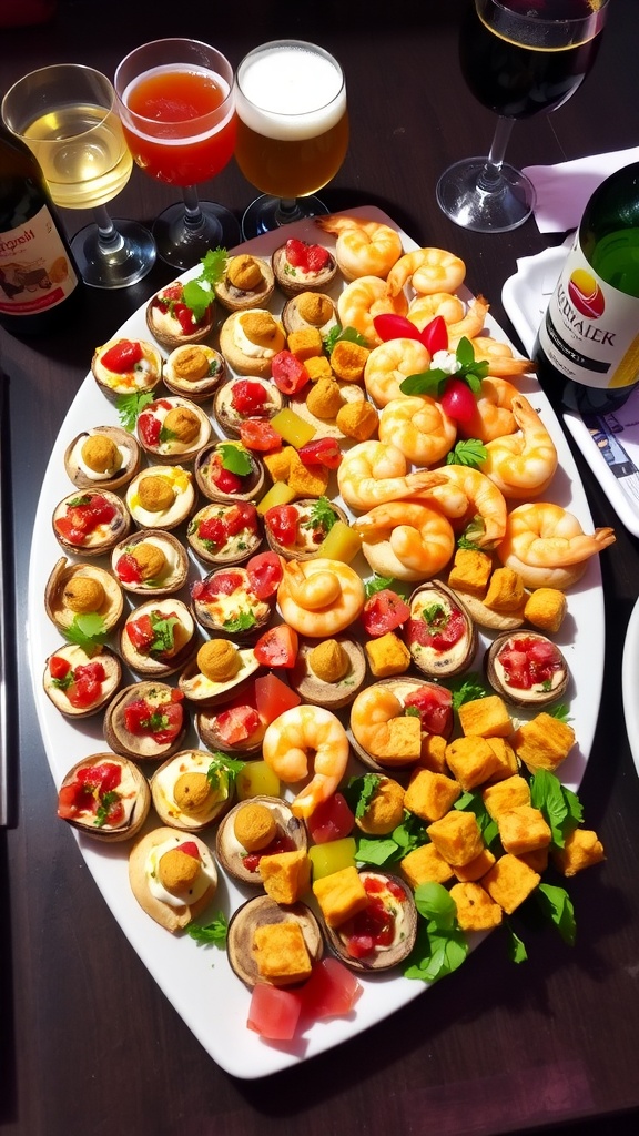 Delicious Appetizer and Drink Pairings An enticing appetizer platter with bruschetta, stuffed mushrooms, and shrimp cocktail, paired with drinks.